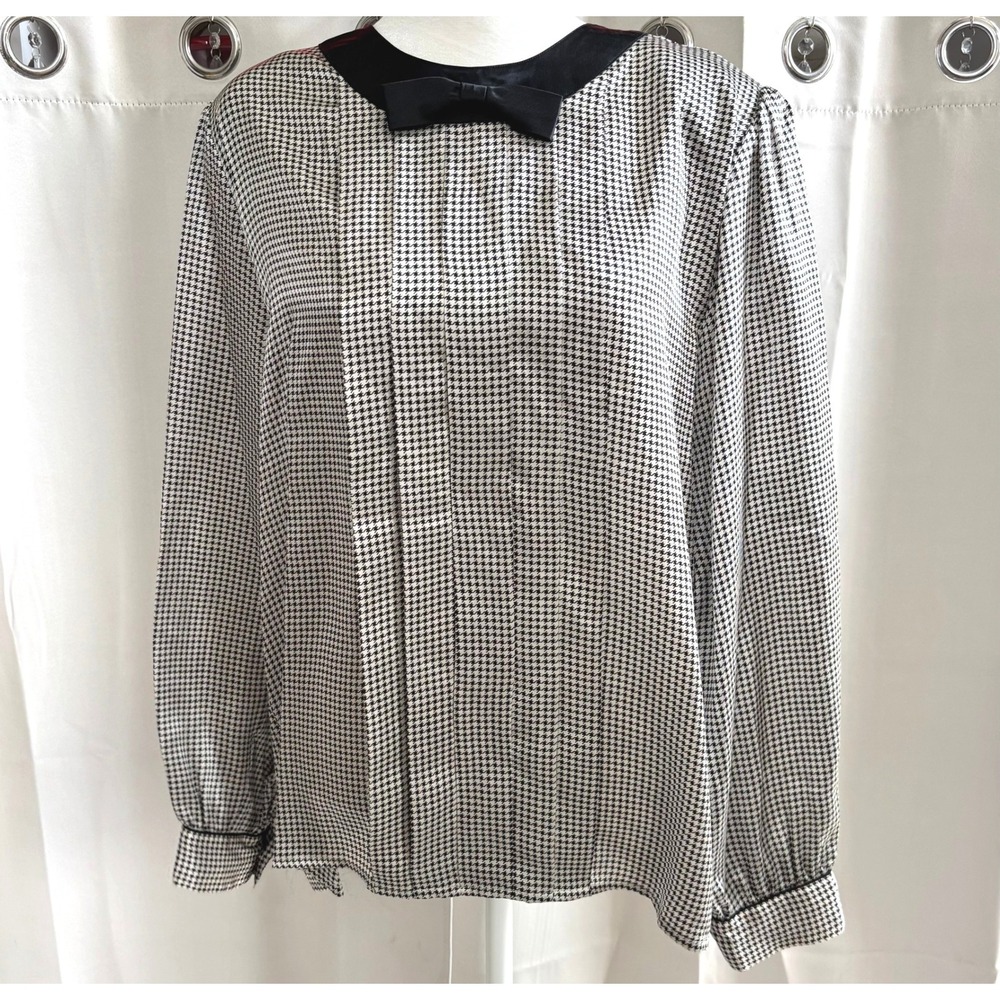 Vtg Queenie Womens Top 16 Houndstooth Silk Bow Accent Button Back Preppy 21168